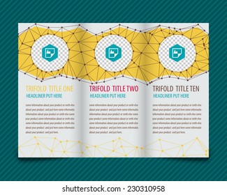 Template vector design for trifold brochure with polygonal grid and places for photos, yellow polygons. Editable, bright. Proportionally for A4 size