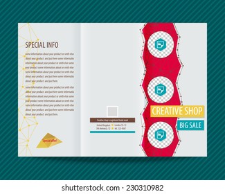 Template vector design for trifold brochure with polygonal grid and places for photos, red polygons. Editable, bright. Proportionally for A4 size