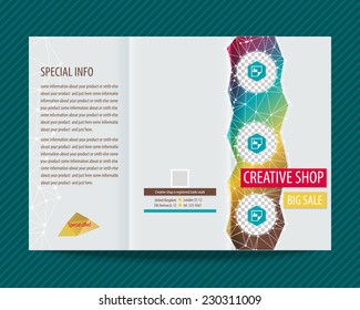 Template vector design for trifold brochure with polygonal grid and places for photos, colorful polygonal decoration. Editable, bright. Proportionally for A4 size