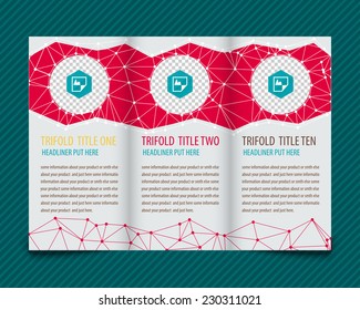 Template vector design for trifold brochure with polygonal grid and places for photos, red polygons. Editable, bright. Proportionally for A4 size