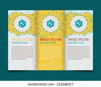 Template vector design for trifold brochure with polygonal grid and places for photos, yellow polygons. Editable, bright. Proportionally for A4 size