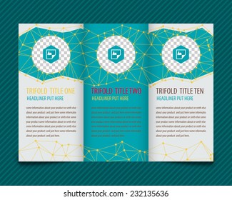 Template vector design for trifold brochure with brown polygonal grid place for photos, colorful polygons. Editable, bright. Proportionally for A4 size