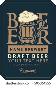 Template vector draft beer label with full wooden mug on a black background