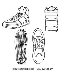 Vorlagenvektorgrafik von Slip-on-Line-Arts von High-Top-Turnschuhen. Kontur, Vektordoodle-Illustration. Vorder-, Rücken-, Seiten-, Ober- und Unteransicht einzeln auf weißem Hintergrund