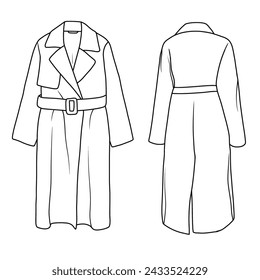 Template vector drawing Illustration of Women Wool Coat With Handmade Belt line art, suitable for your for coloring book outline vector doodle illustration, front and back view isolated on white