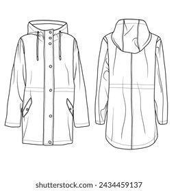 Template vector drawing Illustration of Women Hoodie Coated Jacket line art, suitable for your for coloring book outline vector doodle illustration, front and back view isolated on white background