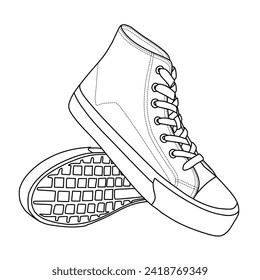 Template vector drawing of Mens High Top Sneakers Line art, suitable for your custom sneakers Shoes design, outline vector doodle illustration, side and bottom view isolated on white background