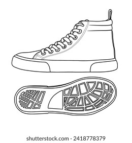 Dibujo vectorial de plantilla de Pairs Mens High Top Sneakers Line art, adecuado para sus zapatillas personalizadas Diseño de zapatos, ilustración del doodle del vector de contorno, vista lateral e inferior aislada en fondo blanco