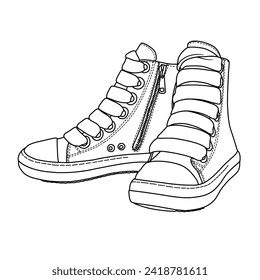 Template vector drawing of Womens High Top Canvas Sneakers shoes Line art, suitable for your custom Thick Shoe Laces and zipper design, outline vector doodle illustration, 3d view isolated on white