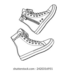 Dibujo vectorial de plantilla de Womens High Top Sneakers Lace Up Line art, adecuado para sus zapatillas de zapper personalizadas, ilustración de doodle de vector contorno, vista lateral aislada en blanco 