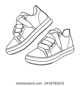 Dibujo vectorial de plantilla de Womens Low Top Sneakers Thick Shoe Laces Line art, adecuado para su diseño Thick Shoe Laces, ilustración de doodle de vector de contorno, vista lateral y 3d aislada en blanco