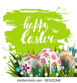 Template vector Easter Card with colorful eggs, blue sky, grass and flowers. 