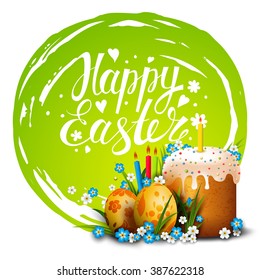 Template vector Easter Card with golden eggs, cake, candles, grass and flowers. 