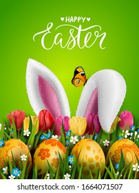 Template vector Easter card with realistic 3d golden eggs, bunny ears, grass, butterfly and tulips. Handwriting inscription Happy Easter. Green spring background. Lettering, calligraphy.