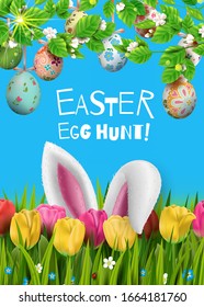 Template vector Easter card with realistic colorful eggs, bunny ears, grass and tulips. Bright sunny  background.  Foliage. Lettering, calligraphy. 3D. Decorated eggs hang on a tree.