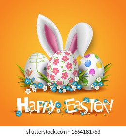 Template vector Easter card with realistic 3D decorated eggs and bunny ears. Holiday orange background.  Grass and spring flowers.