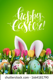 Template vector Easter card with realistic eggs, bunny ears, grass and tulips. Handwriting inscription Happy Easter. Bright green background. Floral painted. Lettering, calligraphy. 3D.