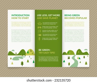 Template vector ecological light design for trifold brochure with green drawn landscape and eco icons. Editable, bright. Proportionally for A4 size