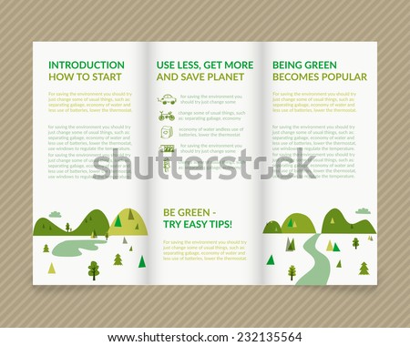 Template vector ecological light design for trifold brochure with green drawn landscape and eco icons. Editable, bright. Proportionally for A4 size