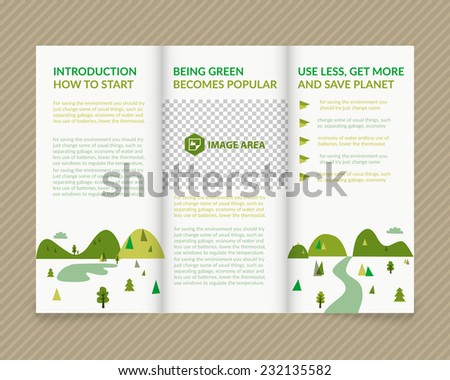 Template vector ecological light design for trifold brochure with green drawn landscape and places for photos. Editable, bright. Proportionally for A4 size