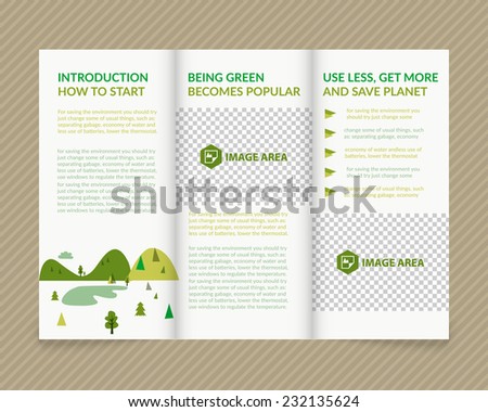 Template vector ecological light design for trifold brochure with green drawn landscape and places for photo. Editable, bright. Proportionally for A4 size