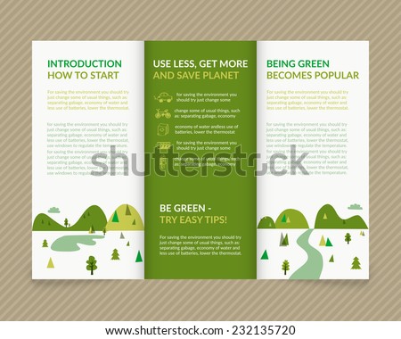 Template vector ecological light design for trifold brochure with green drawn landscape and eco icons. Editable, bright. Proportionally for A4 size