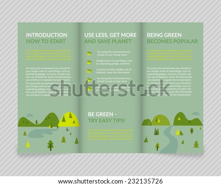 Template vector ecological light design for trifold brochure with green drawn landscape and eco icons. Editable, bright. Proportionally for A4 size