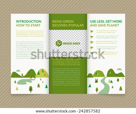 Template vector ecological light design for trifold brochure with green drawn landscape and eco icons. Editable, bright. Proportionally for A4 size