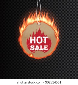 Template of a vector fire label for sale. Fiery special tag or badge for business promotion. Vector illustration.