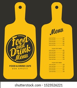 Template vector food and drink menu with price list, calligraphic inscription and figured wooden cutting board in retro style, in black and yellow colors.