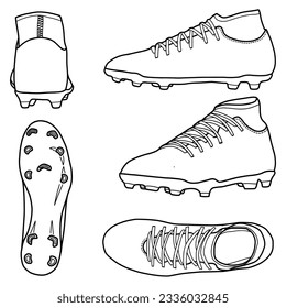 Template vector football shoes  suitable for your custom soccer shoes  outline vector doodle illustration   front  back  bottom  side   top view  isolated and white background 