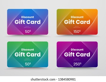 Template vector gift card with color gradient and intersecting abstract lines. Design with a rhombus for text. Set