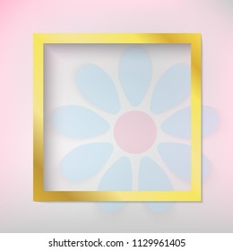 Template vector gold realistic square frame isolated on stylish background with big blue cartoon paper flower. 