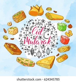 Template vector greeting card with arabic sweets and handwritten calligraphy inscription Eid Mubarak. Ramadan Kareem background. Hand drawn flowers and lanterns. Blue watercolor frame. Halal food.
