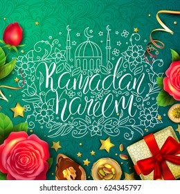 Template vector greeting card with arabic sweets, flowers and handwritten calligraphic inscription Ramadan Kareem. Floral pattern on turquoise background. Hand drawn doodles. 