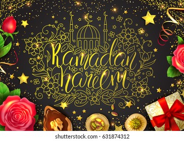 Template vector greeting card with arabic sweets, flowers and handwritten calligraphic inscription Ramadan Kareem. Shiny golden hand drawn doodles. Glitter background. Mosque and floral pattern.