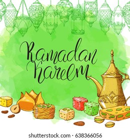 Template vector greeting card with arabic sweets, lanterns and handwritten calligraphy inscription Ramadan Kareem. Hand drawn illustration. Halal food background.