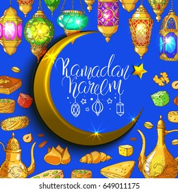 Template vector greeting card with arabic sweets, lanterns, crescent and handwritten calligraphy inscription Ramadan Kareem. Hand drawn vintage illustration. Halal food background.