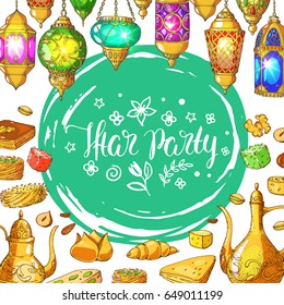 Template vector greeting card with arabic sweets, lanterns and handwritten calligraphy inscription Iftar Party. Islamic holiday Ramadan Kareem. Hand drawn vintage illustration. Halal food background.