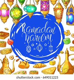 Template vector greeting card with arabic sweets, lanterns and handwritten calligraphy inscription Ramadan Kareem. Hand drawn vintage illustration. Halal food background.