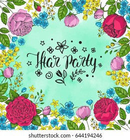 Template vector greeting card with colorful roses and handwritten calligraphic inscription Iftar Party. Ramadan Kareem. Hand drawn vintage flowers. Holiday watercolor background. Floral frame.