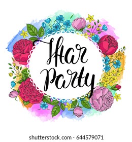 Template vector greeting card with colorful roses and handwritten calligraphic inscription  Iftar party. Ramadan Kareem. Hand drawn vintage flowers. Holiday watercolor background. Floral frame.
