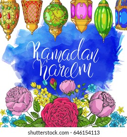 Template vector greeting card with colorful roses and handwritten calligraphic inscription  Ramadan Kareem. Hand drawn vintage flowers and arabic lanterns. Holiday watercolor background. Floral frame.