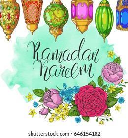 Template vector greeting card with colorful roses and handwritten calligraphic inscription  Ramadan Kareem. Hand drawn vintage flowers and arabic lanterns. Holiday watercolor background. Floral frame.