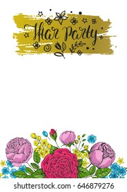 Template vector greeting card with colorful roses and handwritten calligraphic inscription  Iftar party. Ramadan Kareem. Hand drawn vintage flowers. Holiday background. Floral frame.