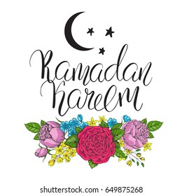 Template vector greeting card with colorful roses and handwritten calligraphic inscription  Ramadan Kareem. Hand drawn vintage flowers. Holiday floral background.