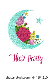 Template vector greeting card with crescent, colorful roses and handwritten calligraphic inscription Ifrat party. Ramadan Kareem. Hand drawn vintage flowers. Holiday background. 