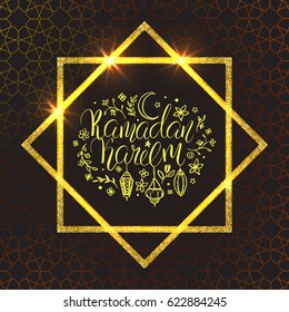 Template vector greeting card with eight-pointed star and handwritten calligraphic inscription Ramadan Kareem. Arabic pattern on black background. Shiny golden frame. Rub el Hizb. Hand drawn elements.