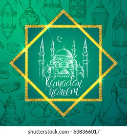 Template vector greeting card with eight-pointed star and handwritten calligraphic inscription Ramadan Kareem. Arabic pattern on turquoise background. Shiny golden Rub el Hizb. Mosque, lantern, sweets