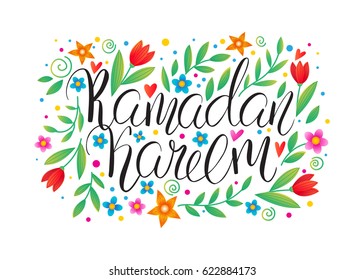 Template vector greeting card with flowers and handwritten calligraphy inscription Ramadan Kareem. Bright holiday background. Brush lettering.